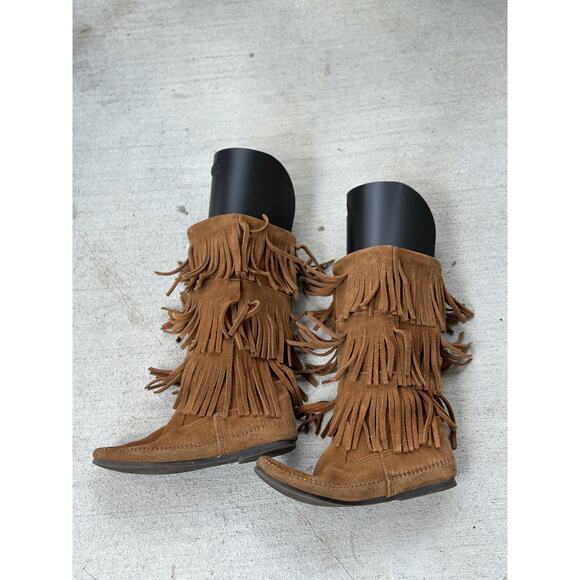 Minnetonka Moccasins 3 Layer Fringe Boot Brown Suede 1632 Calf High Boots Size 8 - Picture 2 of 8